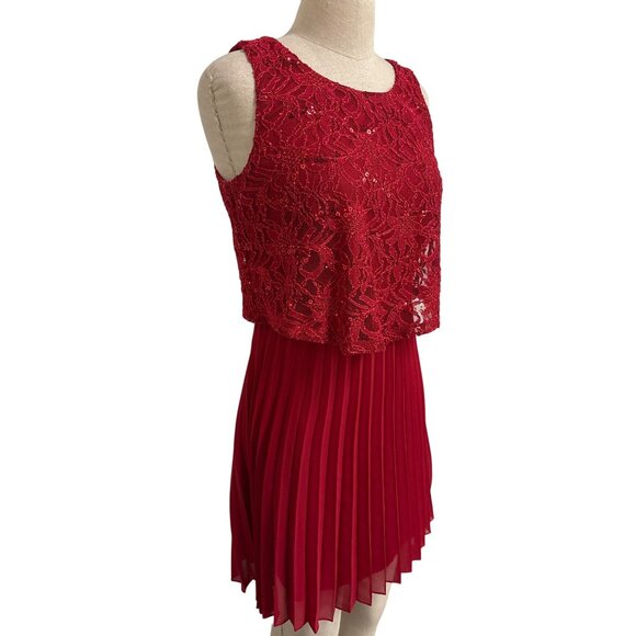 Speechless Red Lace and Pleated Skirt Midi Dress Size M Sleeveless Sequin - Picture 2 of 11